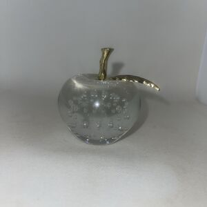 Vintage Clear Art Glass 3" Apple  Paperweight w/ Brass Leaf Accent Taiwan